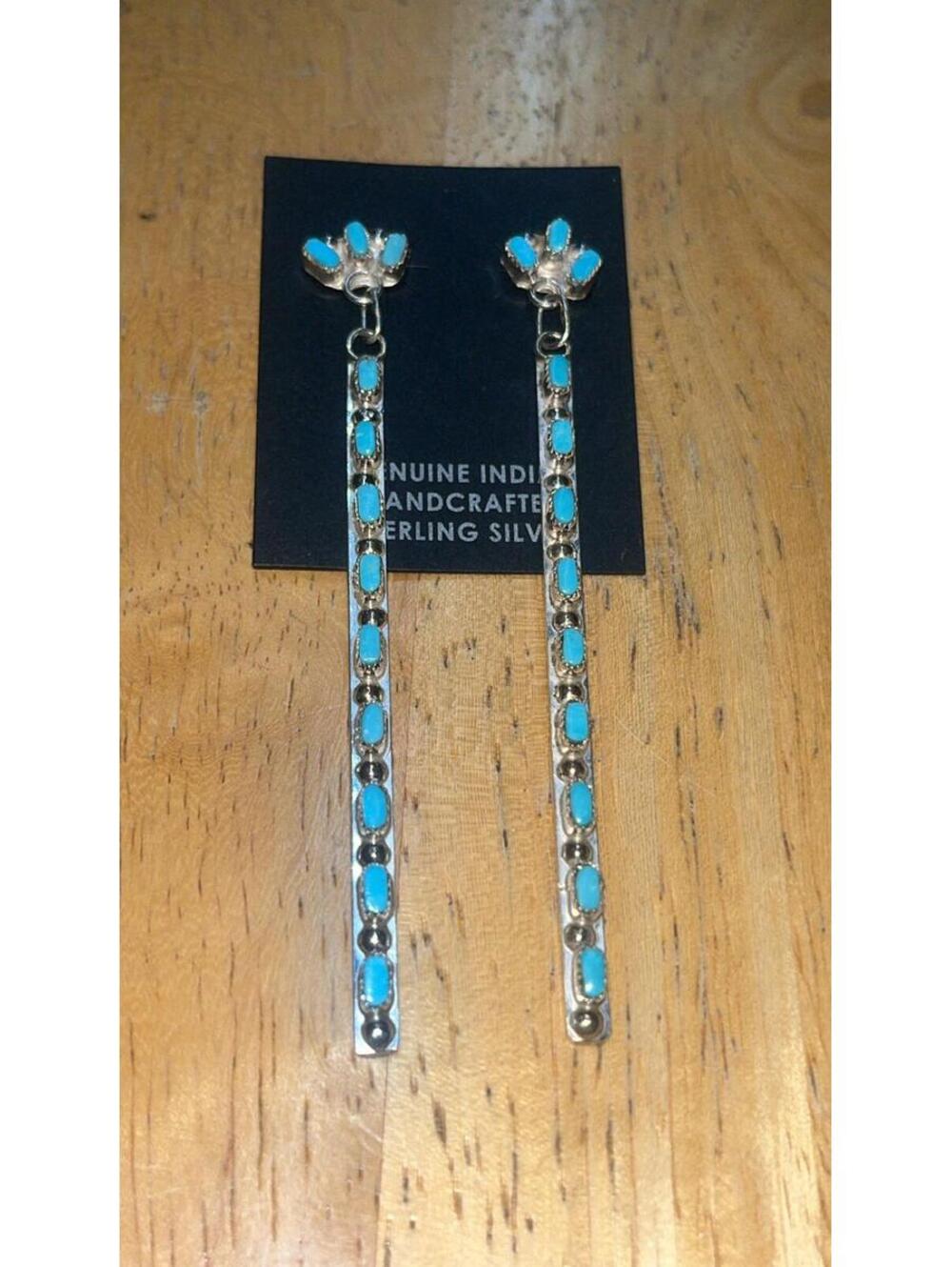 Native American Zuni handmade turquoise long cluster earrings sterling silver